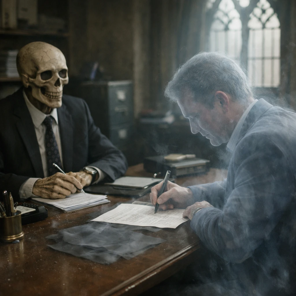 死神のような行員と半透明の亡者起業家が銀行のデスクで書類を交わす現実的な写真。