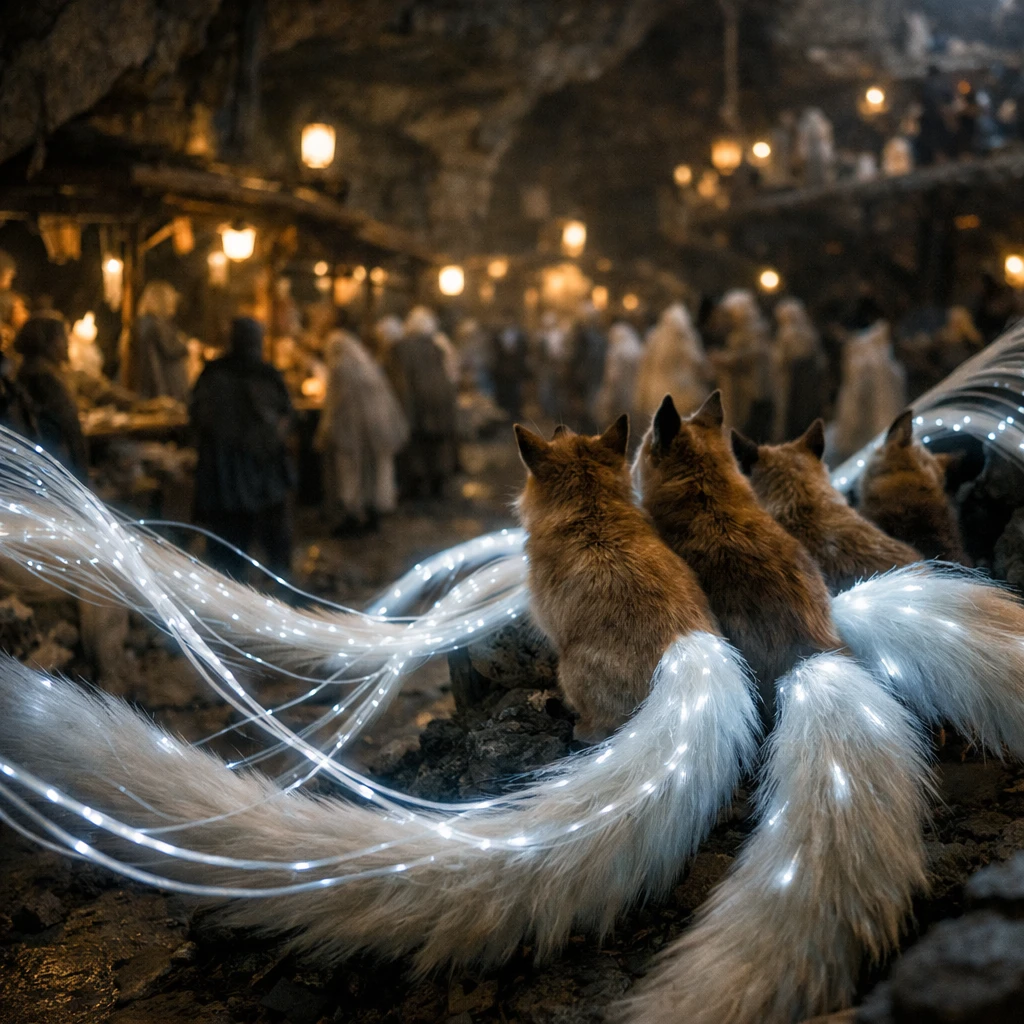 霊的な地下都市で、光る尾を絡めてネットワークを作る化け狐たちの写真。