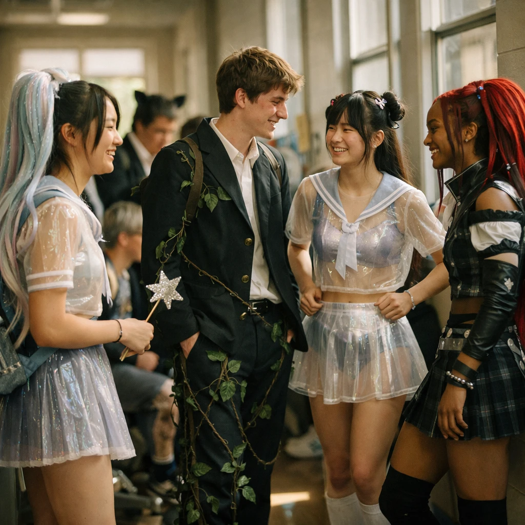 コスプレ風の個性的な制服を着た数人の高校生が明るい校舎の廊下で集まっている様子。