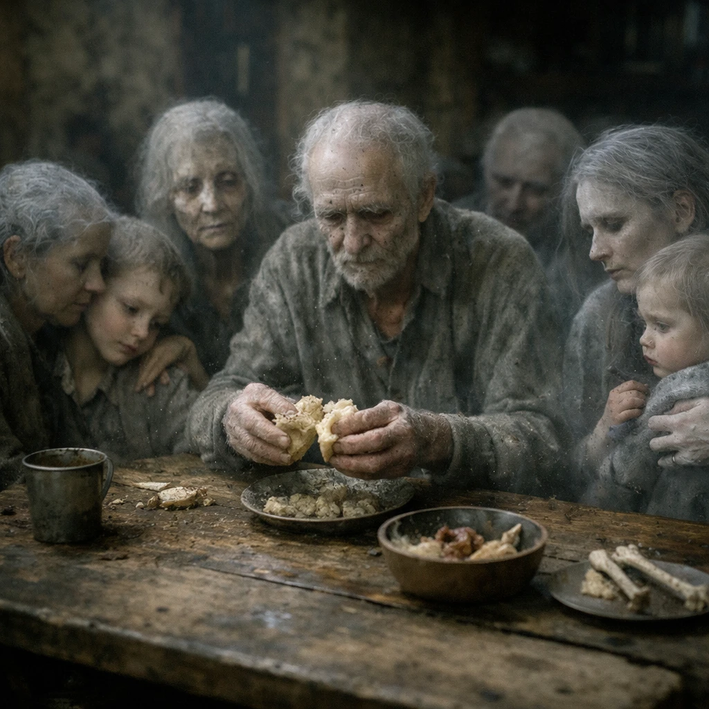 薄暗い食卓で幽霊の家族が小さな霊気パンを分け合い、不安そうに食事を囲む様子。