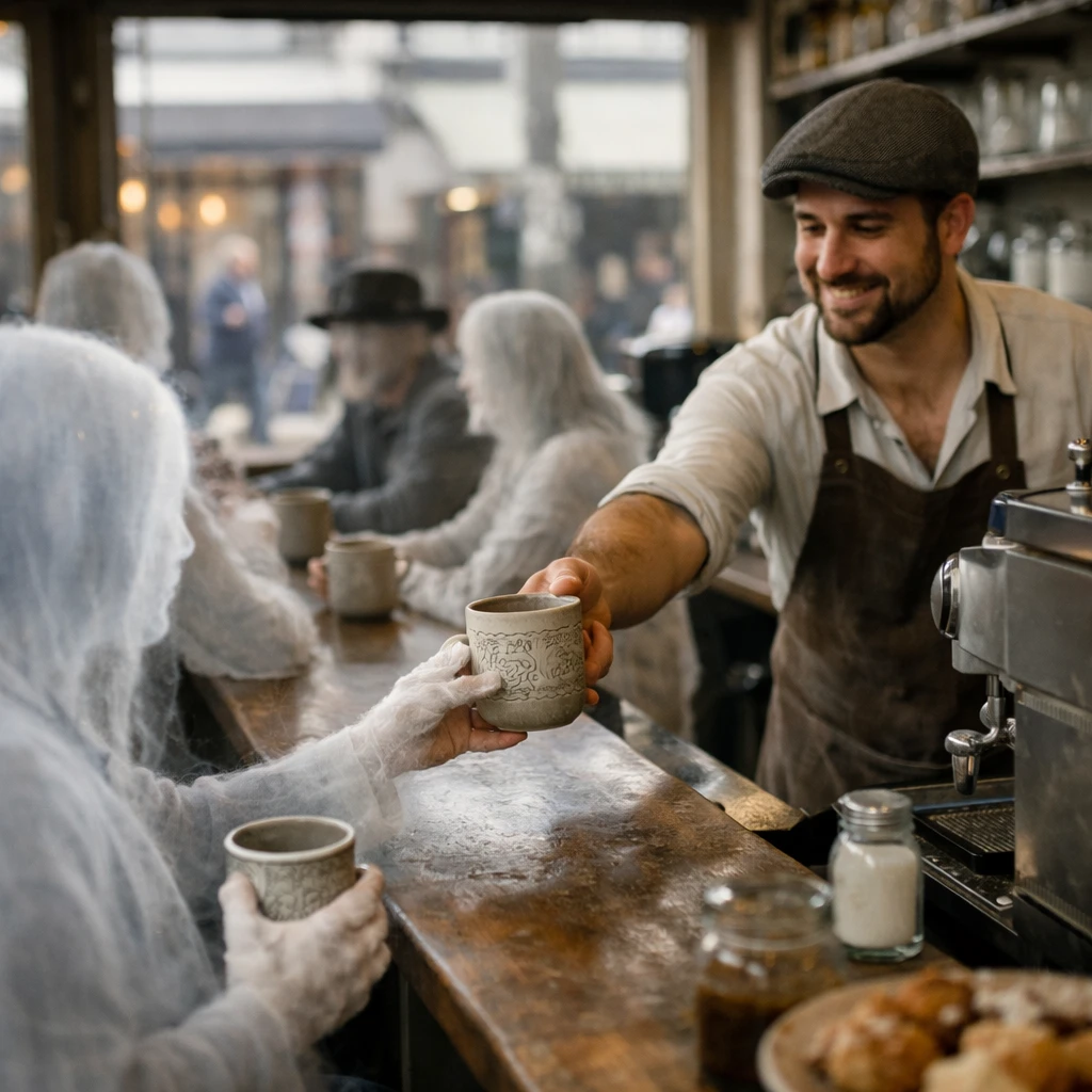 幽界のカフェで多様な幽霊客たちが彫刻入りのマグカップでコーヒーを楽しむ様子の写真。