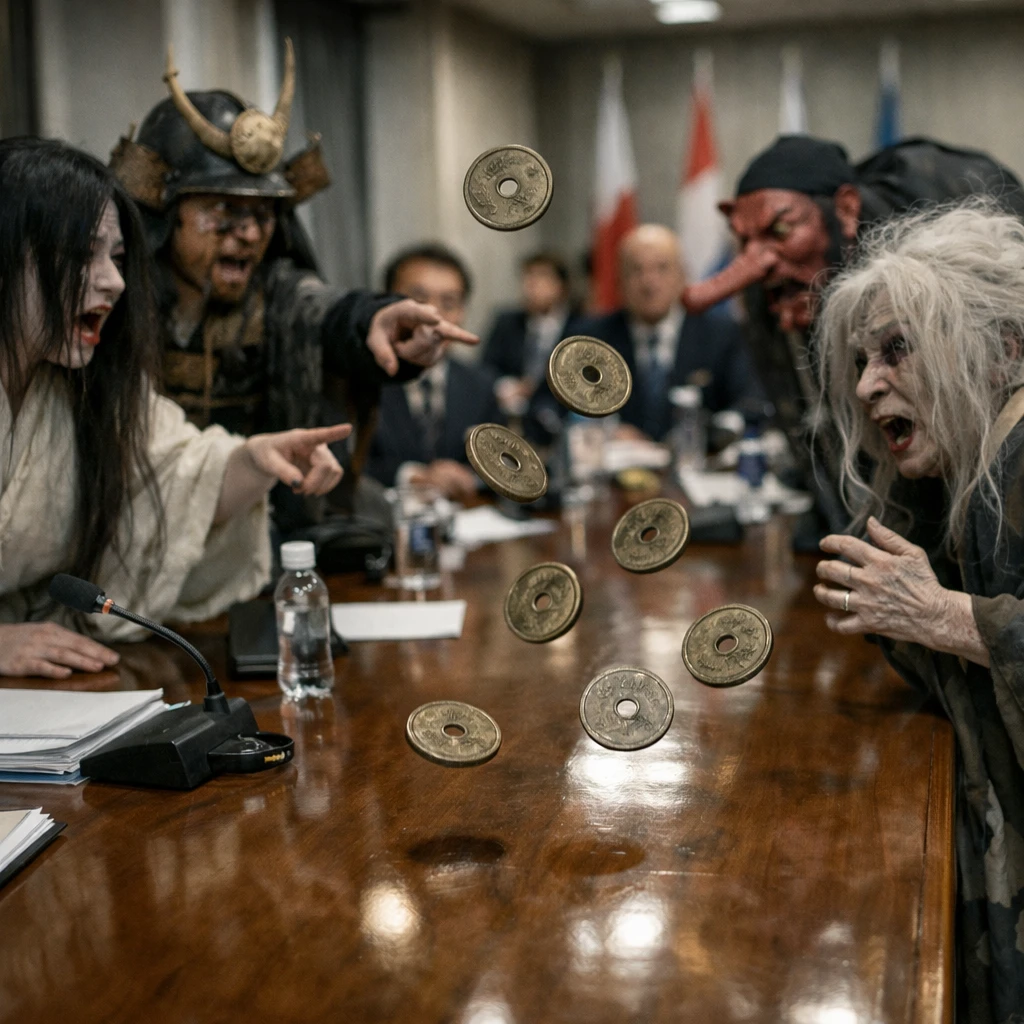 会議室で日本の伝統衣装を着た幽霊や妖怪たちが議論し、テーブルの上に透明なコインが浮かぶリアルな情景。