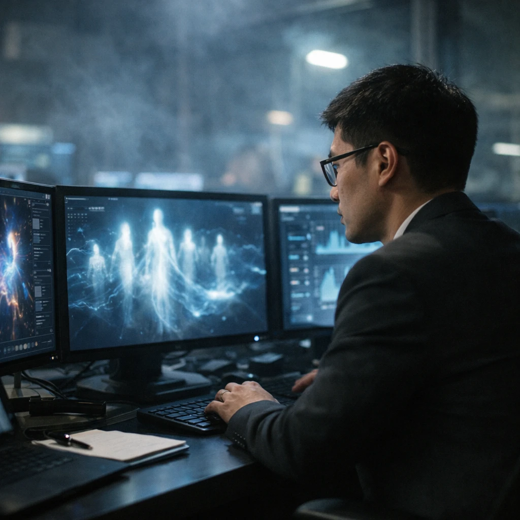 暗いオフィスで魂の行動データが映る多くのモニターに囲まれた若いアナリスト風の人物がパソコン作業をしている様子。