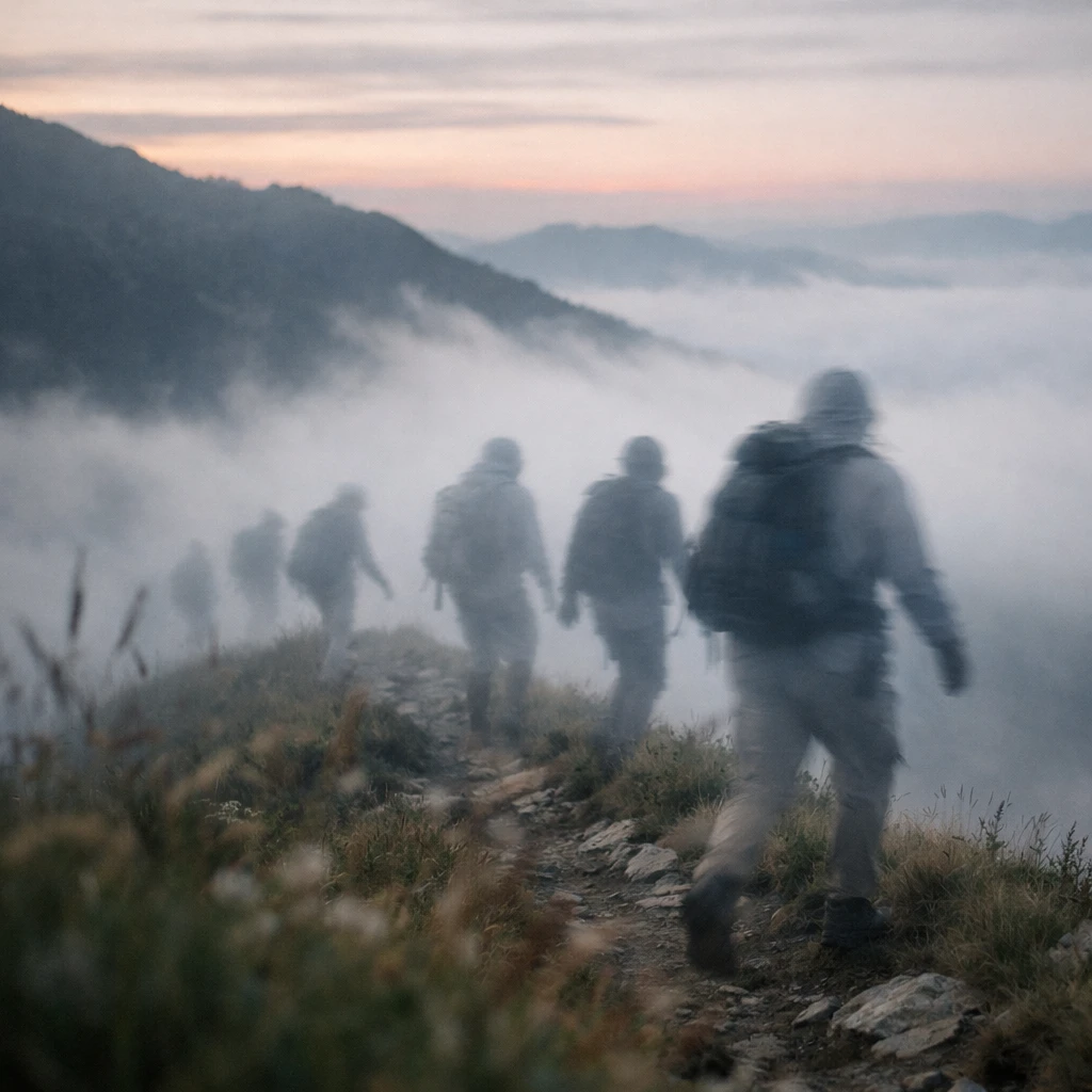 春の霧が立ちこめる高原の尾根道を、半透明の衣をまとった幽霊たちが素早く走り抜けている様子の写真。