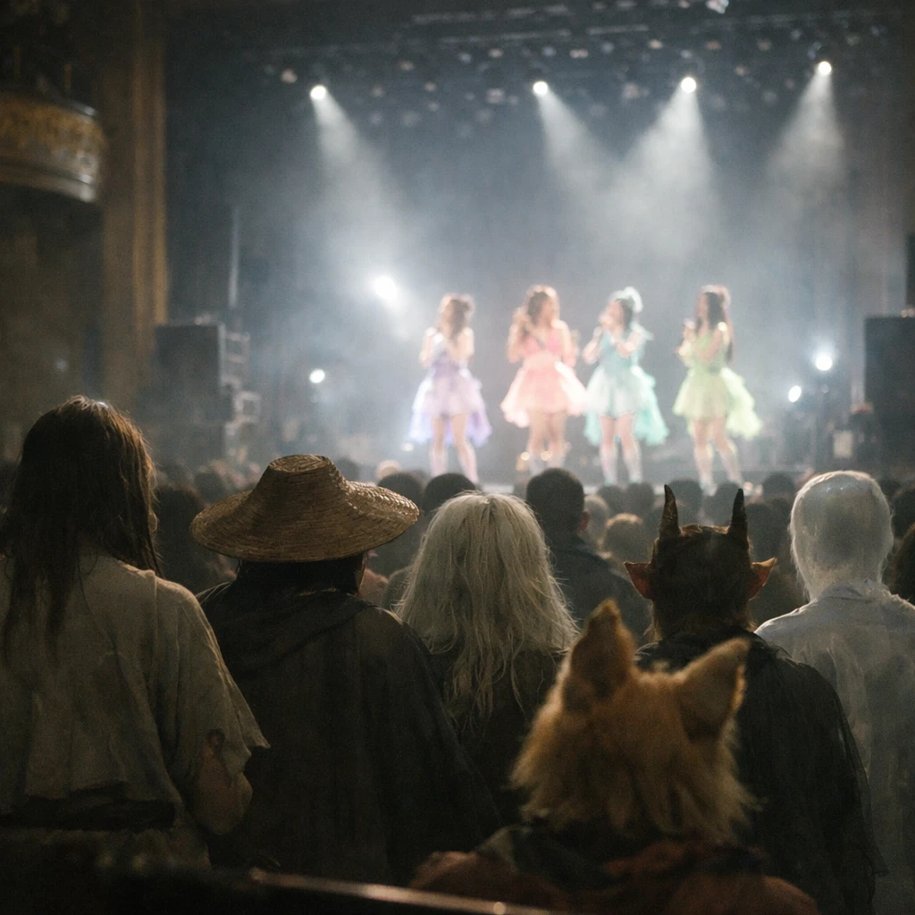幽霊や妖怪の観客たちが幻想的なホログラムアイドルのライブステージを眺めている劇場の写真。