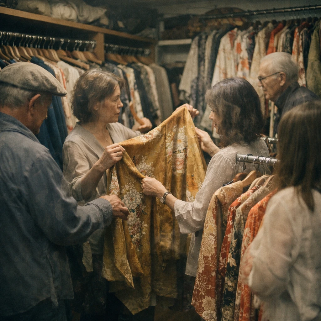 複数の半透明な人影が和装やローブの掛かったクローゼット内で服を選び合う様子の写真。