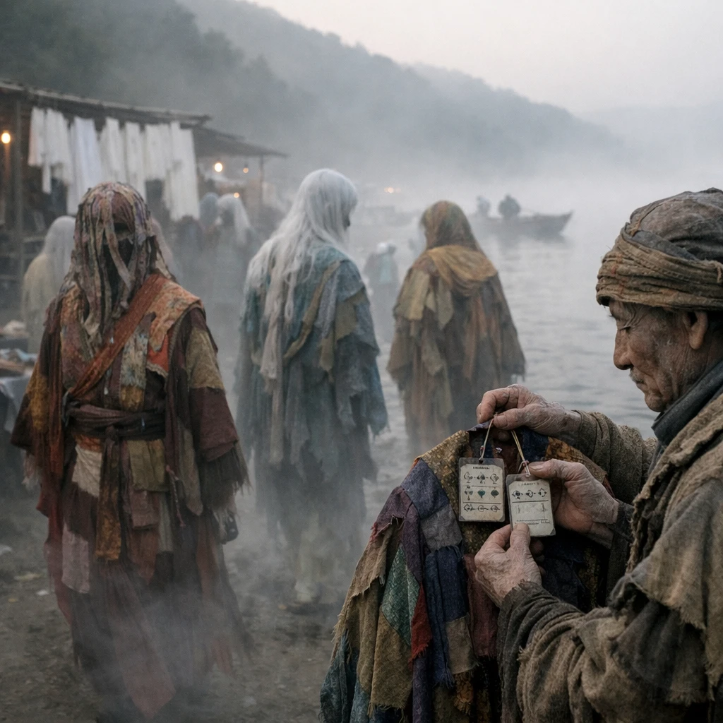 三途の川の川沿いの朝霧の中、色とりどりの霊服を着た幽霊たちがマーケットを歩く様子の写真。