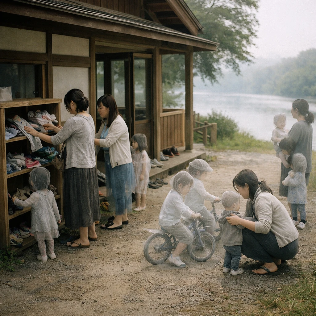 霧がかった川辺の前に立つ日本家屋風の託児所と、透明な自転車に乗る子どもたちや服を交換する幽霊の母親たちの様子。