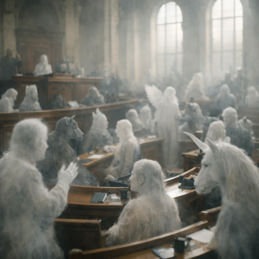 さまざまな姿の幽霊たちが荘厳な議事堂の内部で議論している様子の写真風画像。