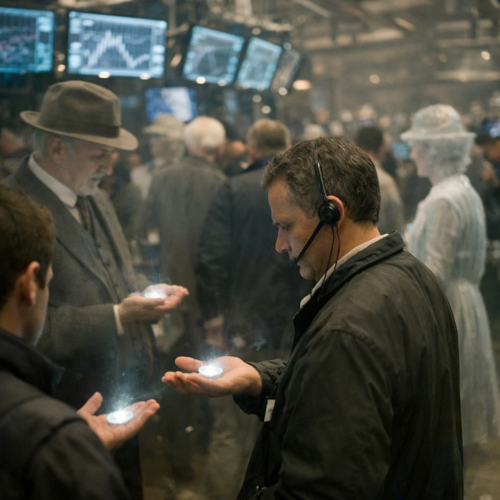 冥都中央霊貨市場の取引所で、半透明に発光する新通貨を手のひらに載せる幽霊たちの一場面。