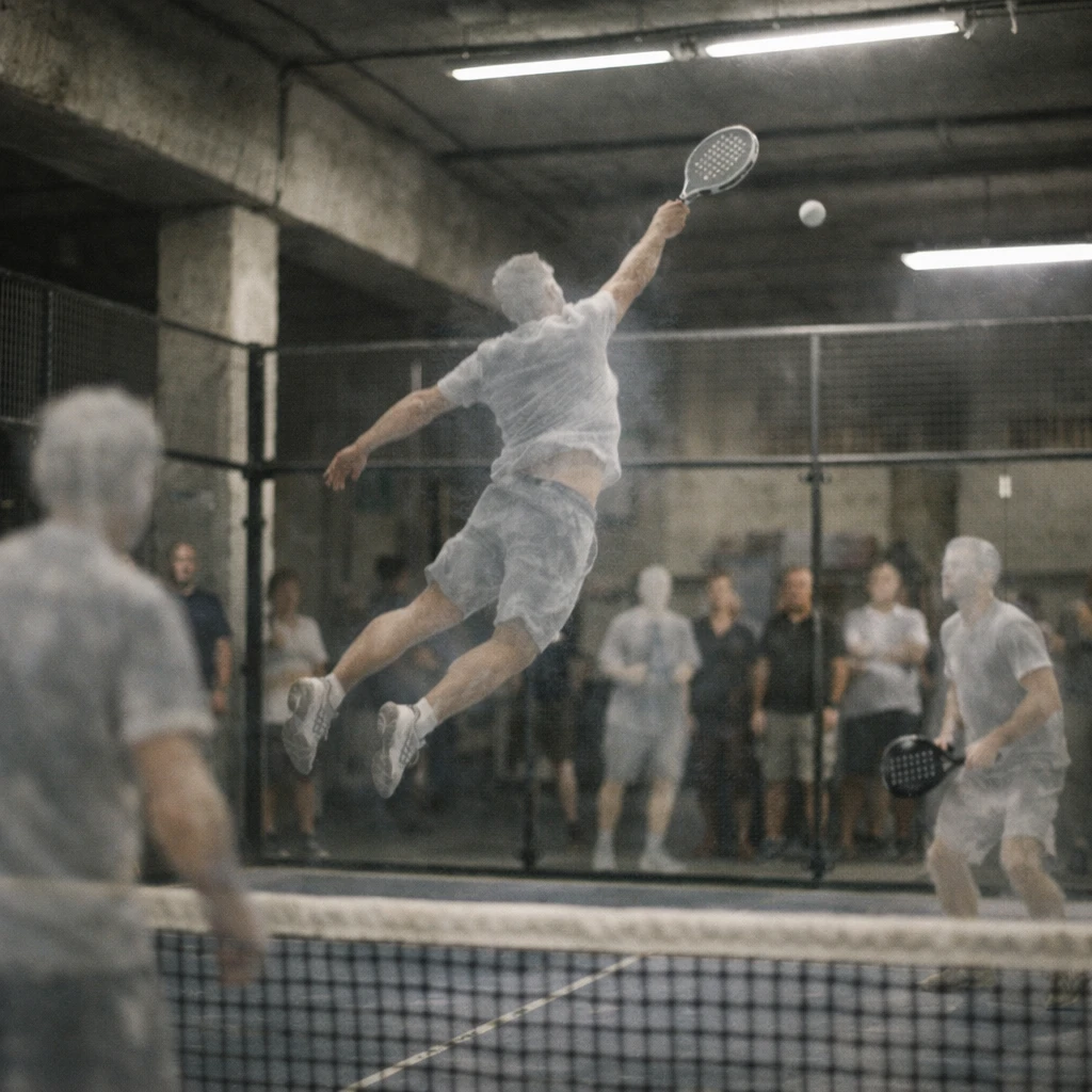 薄暗い地下アリーナで半透明の幽霊選手がジャンピングボレーを繰り出し、観客席にも幽霊たちが漂うパデルテニスの試合風景。