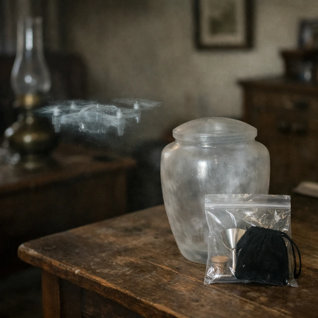 薄暗い部屋で半透明のドローンが骨壺用アクセサリーを届ける瞬間のリアルな写真。