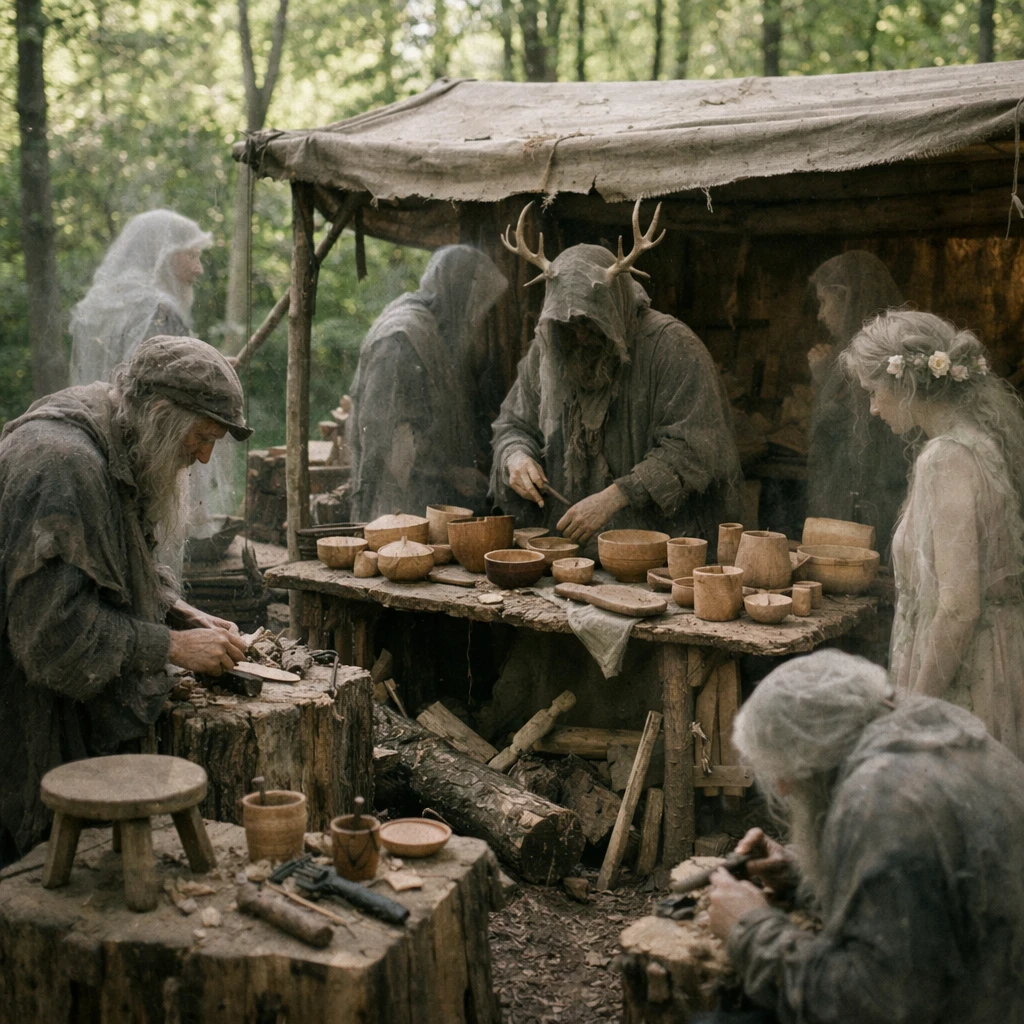 再生中の雑木林で、幽霊の木工職人たちと森の精霊が木工市を開いている様子の写真。