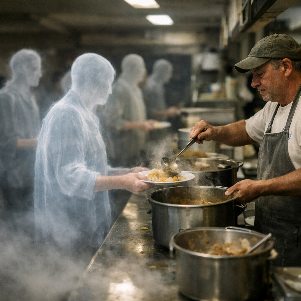 薄暗い食堂で、幽霊たちがカウンターに並び調理士からあやしい食事を受け取っている様子の写真風画像です。