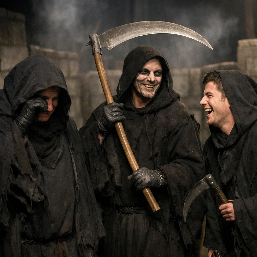 迷宮のセット内で異なる個性を見せる3人の死神役者がリアルなコスチュームで佇んでいる写真。