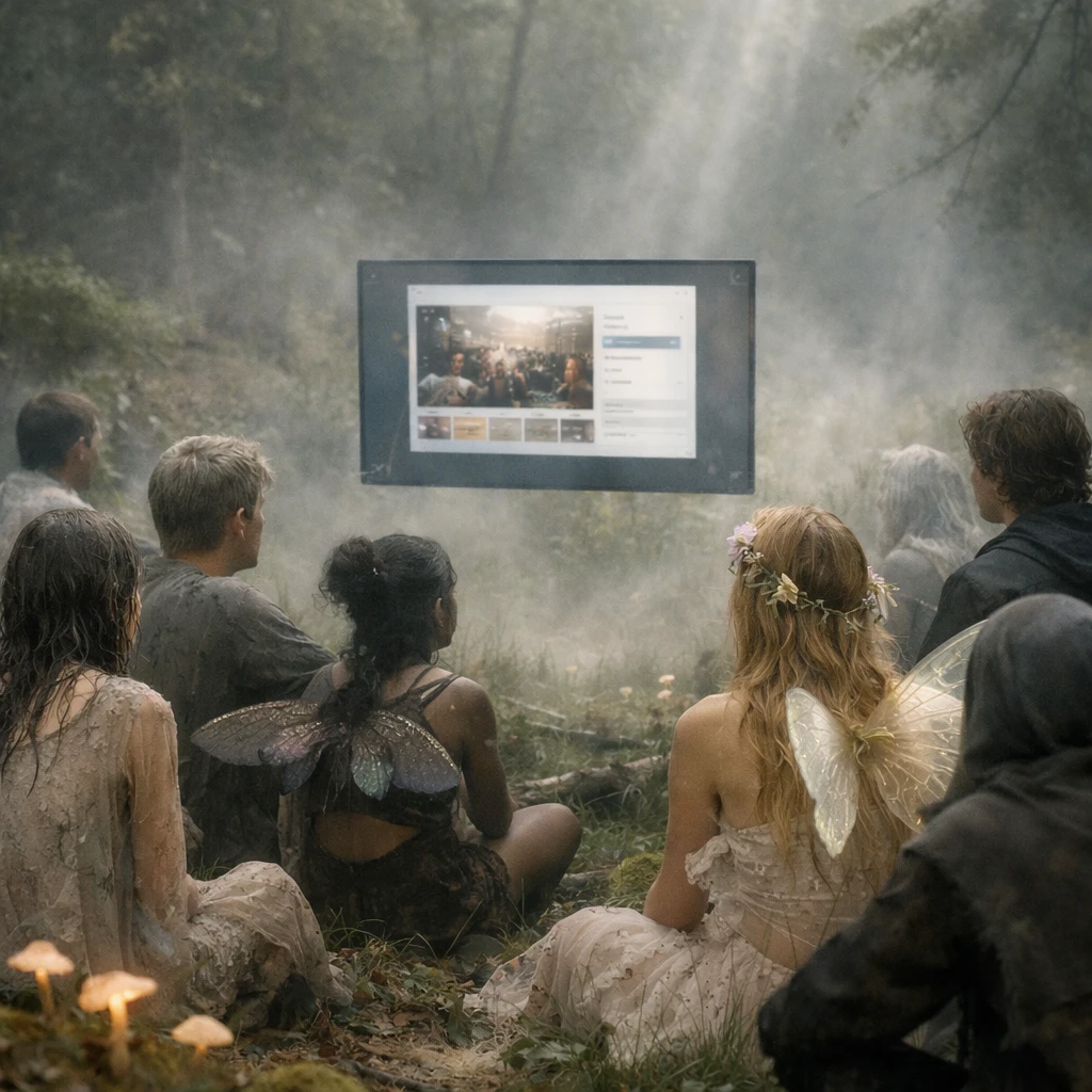 霧が立ちこめる森の中で透明感のある幽霊や妖精たちがクラウドファンディングの案内を囲んで集まっている様子。