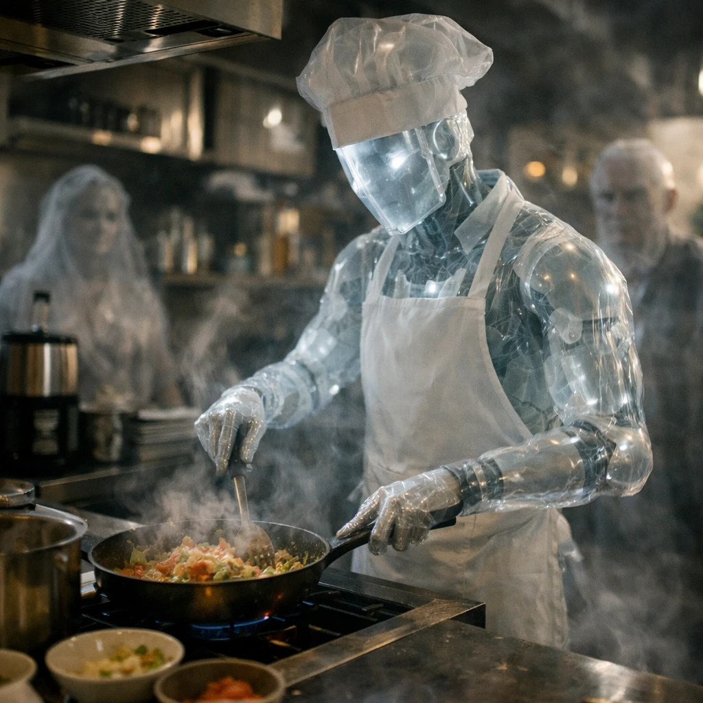 亡霊のようなロボットシェフが近未来の厨房で料理し、霊体たちが静かに見守っている場面の写真。