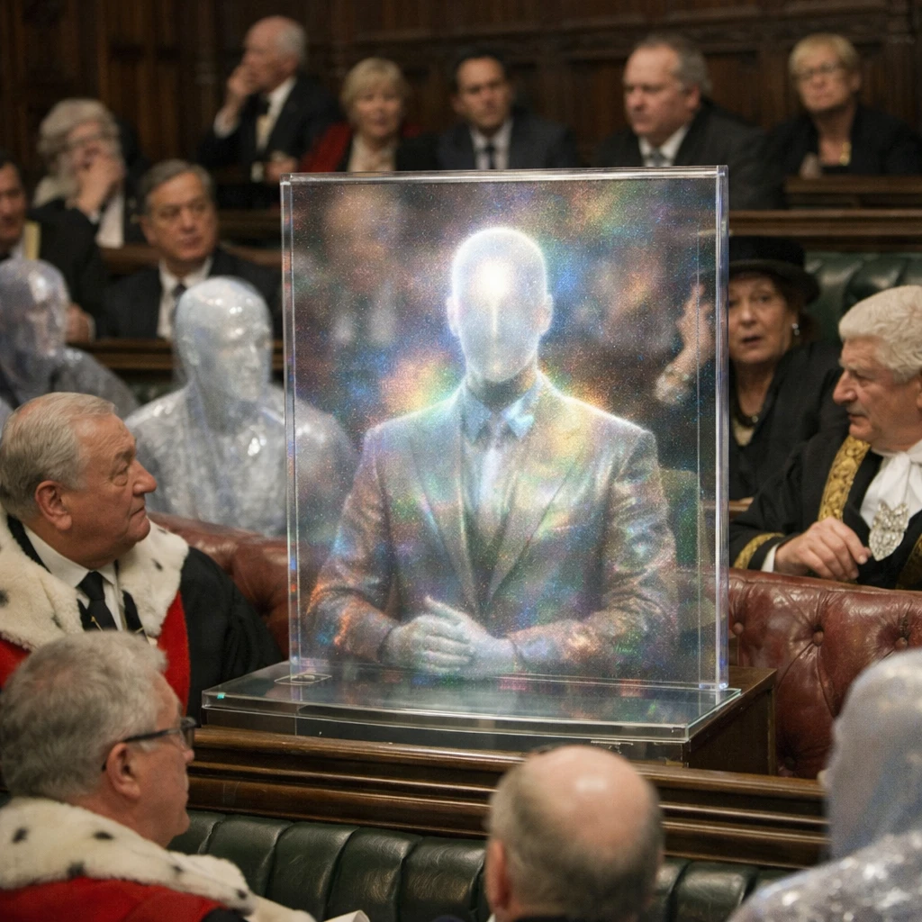 幽界の議場で半透明のAI議員が虹色の靄に包まれフリーズし、その様子を周囲の議員たちが戸惑いながら見つめている。