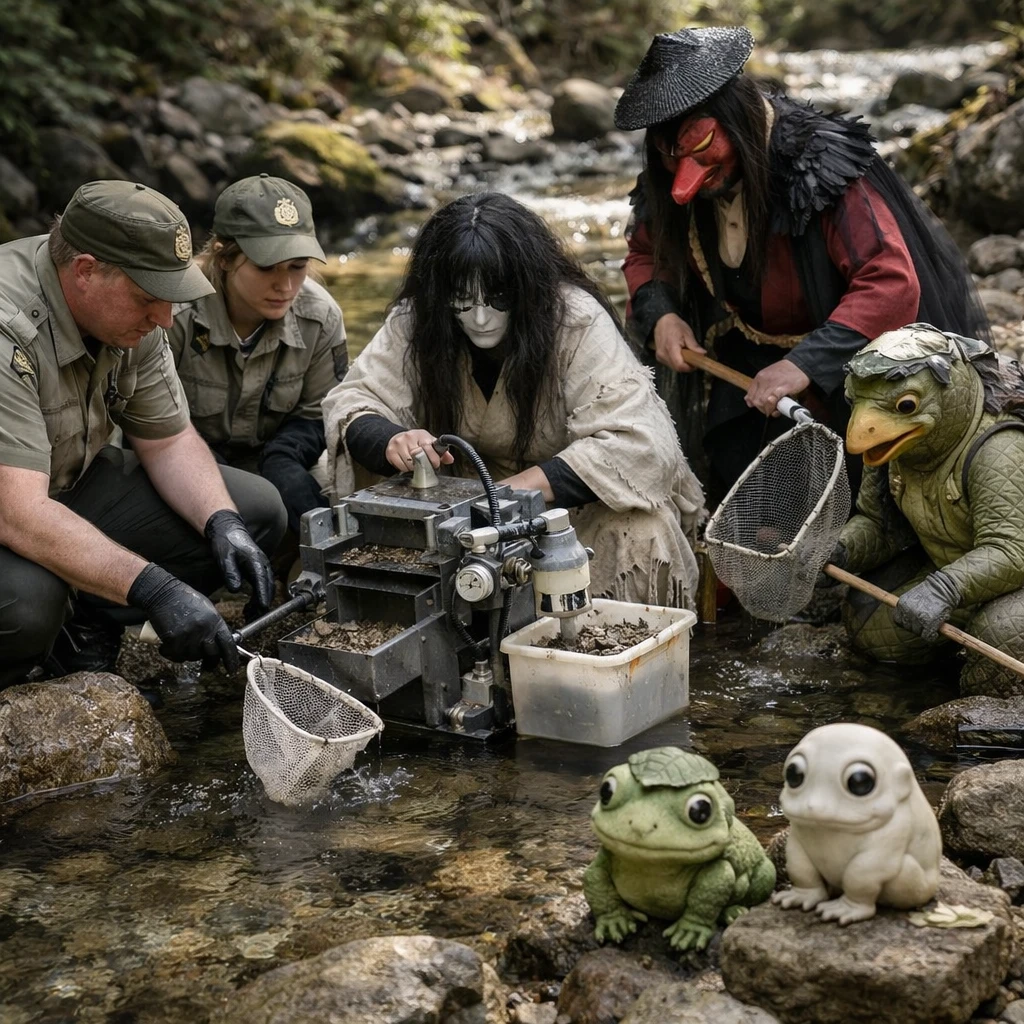 森の小川で、人間の保全技師と妖怪が新型フィルター装置や網でマイクロプラスチックを回収している様子の写真。