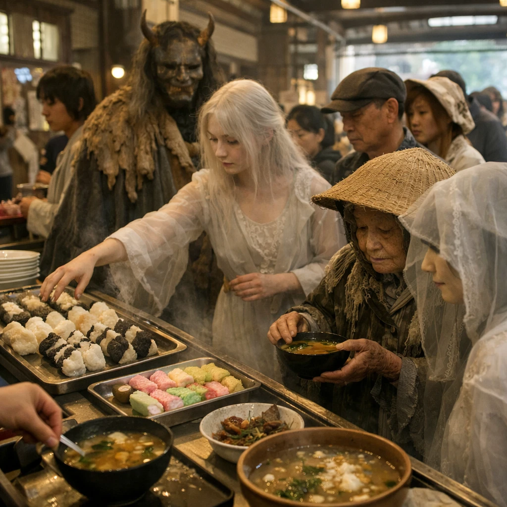 朝の伝統的な市場内、幽霊や妖怪風の様々な姿の人々が和菓子や味噌汁のおかれたブッフェカウンターに静かに並ぶ写真。