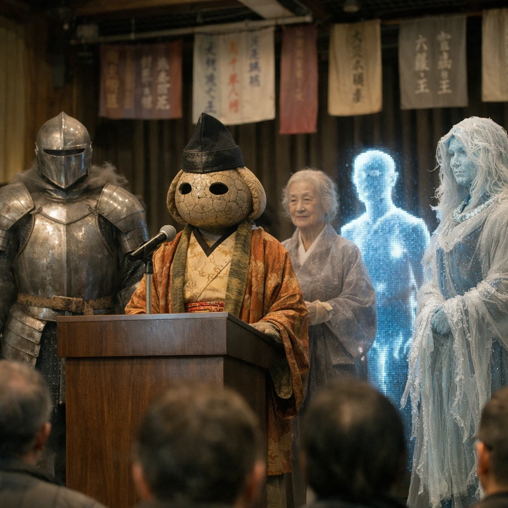 多様な種族の町民と共に、新市長となった壺精霊が町役場の壇上に立つ就任式の様子。