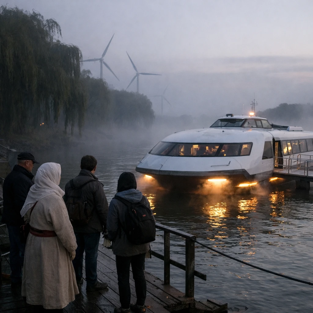 夕暮れの川岸に停泊する未来的なフェリーと、それを待つ幽霊たち、河畔の柳並木には風力タービンが並ぶ写真。