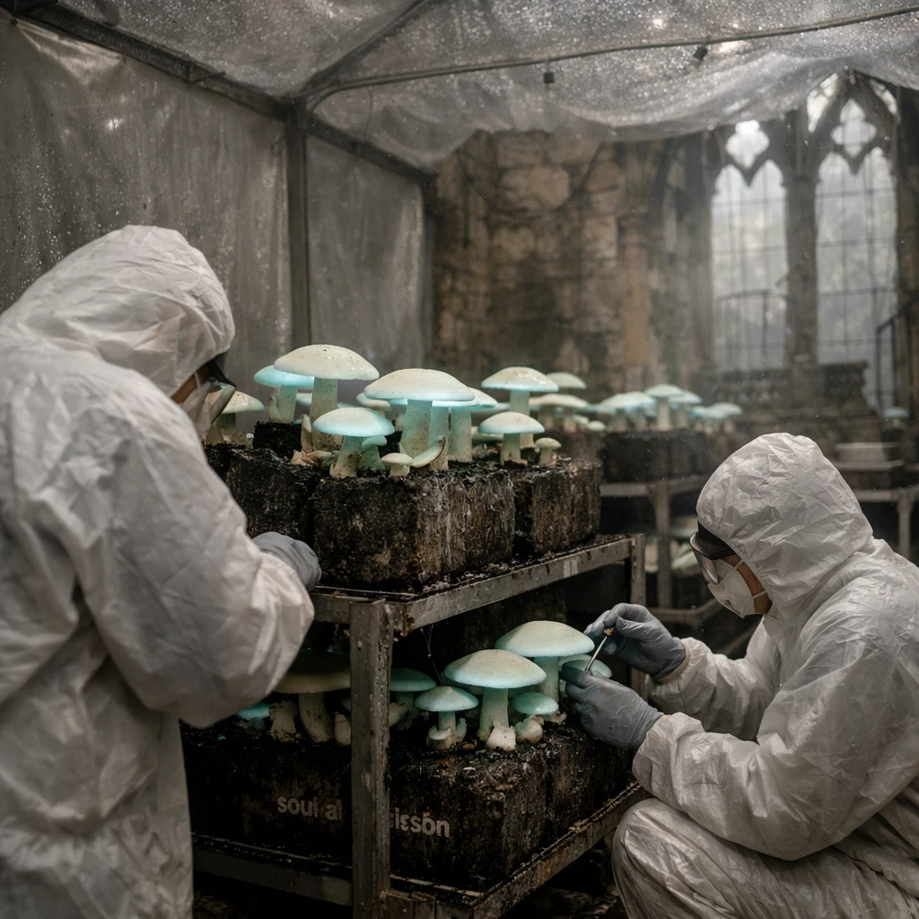 古びた城の温室内で、防護服を着た作業員が淡く光る大型キノコと炭素ブロックを世話している様子の写真。
