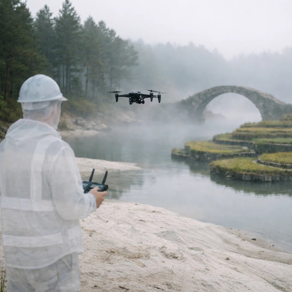 白砂の三角州と青松に囲まれた湿地で、幽霊の測量士がドローンを操作している様子。