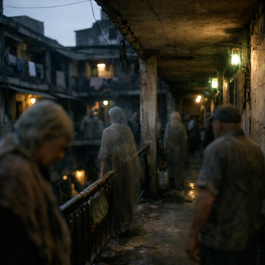 薄暗い団地の廊下で、半透明の幽霊たちがたたずむ様子の実写風写真。