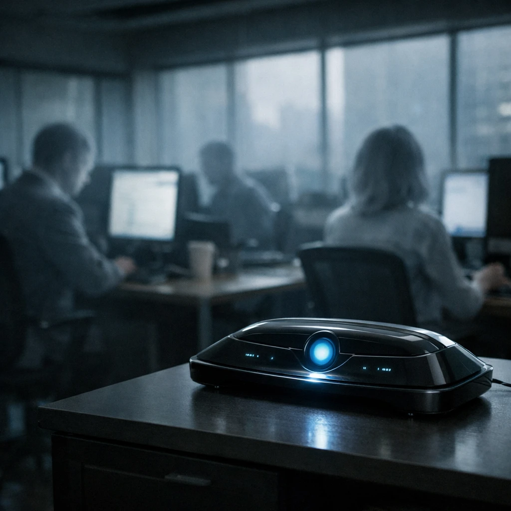 青灰色の光が差し込むオフィスで、ビジネススーツ姿の幽霊たちがAI搭載端末を囲みながらパソコンで作業している様子の写真。