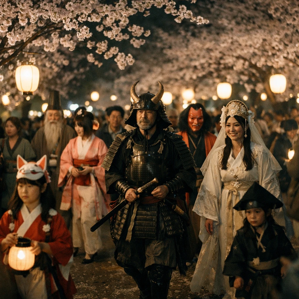 夜桜がライトアップされた公園で、さまざまな仮装をした人々が行進する夜のパレードの写真。