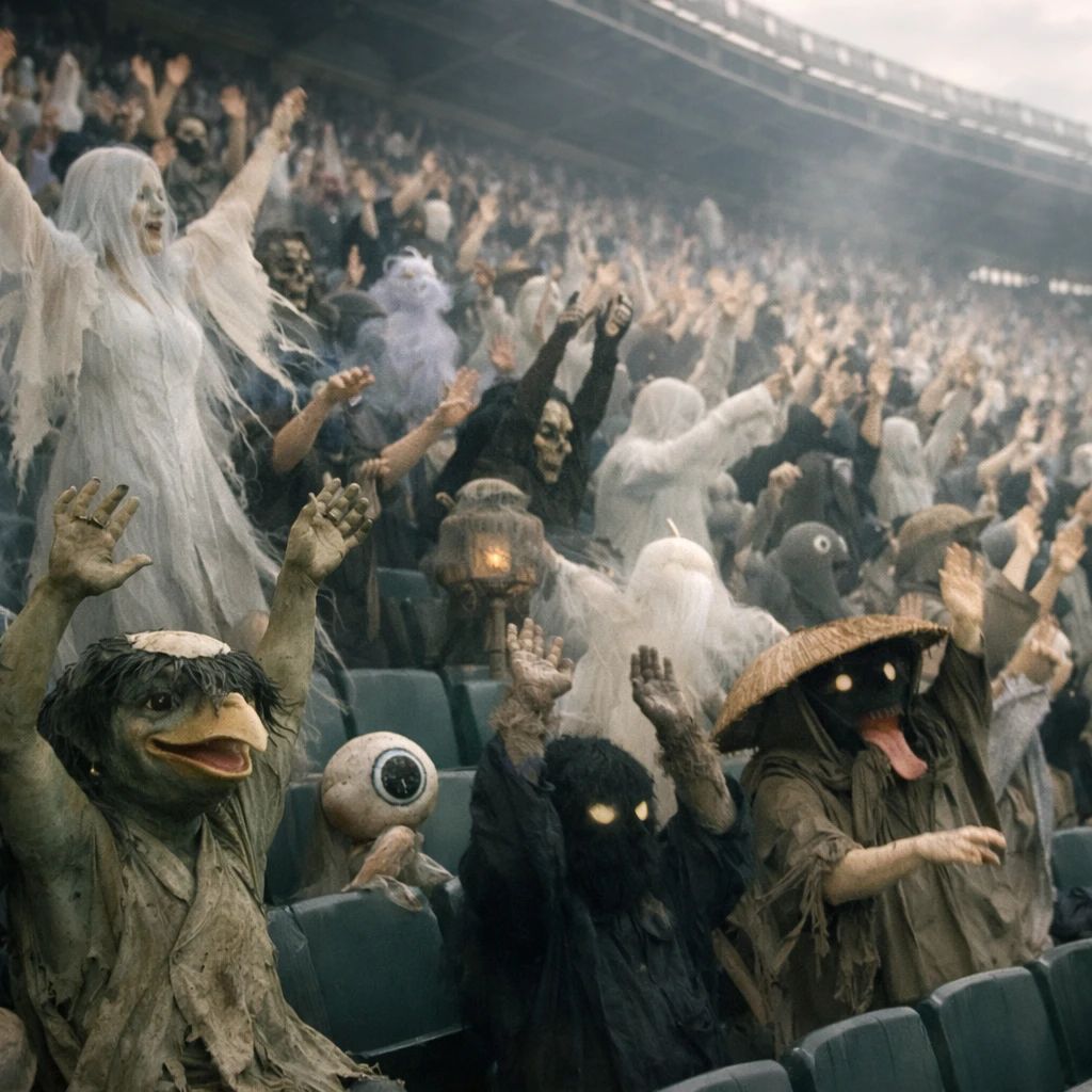 幽霊や妖怪たちが満員のスタジアムでウエーブを繰り広げている様子のリアルな写真。