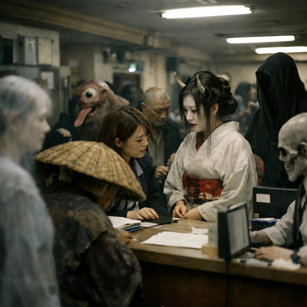 異界役所の窓口で多様な妖怪や霊たちが列を作り、職員と手続きを行っている写真。