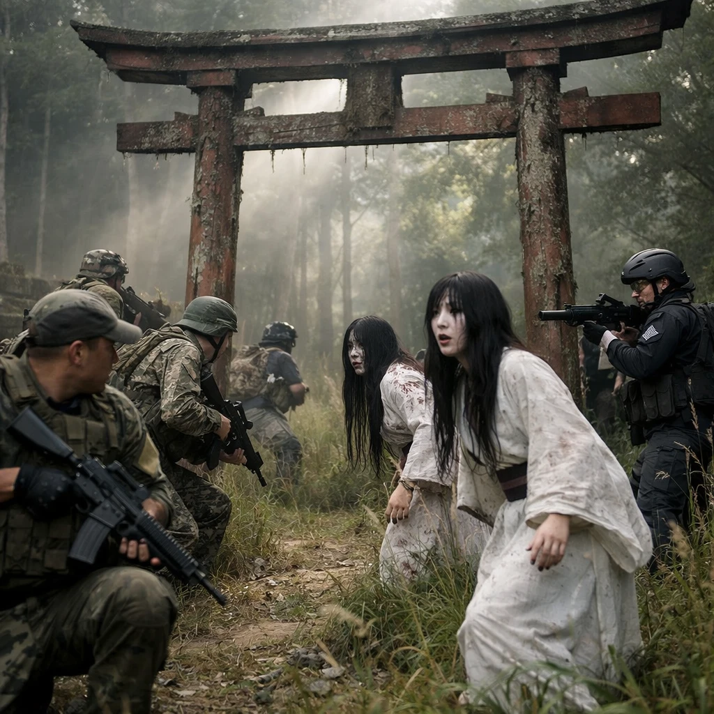 朽ちた鳥居の近くでサバゲー衣装や幽霊風コスチューム姿の参加者たちが驚いた様子で見上げている屋外の写真です。