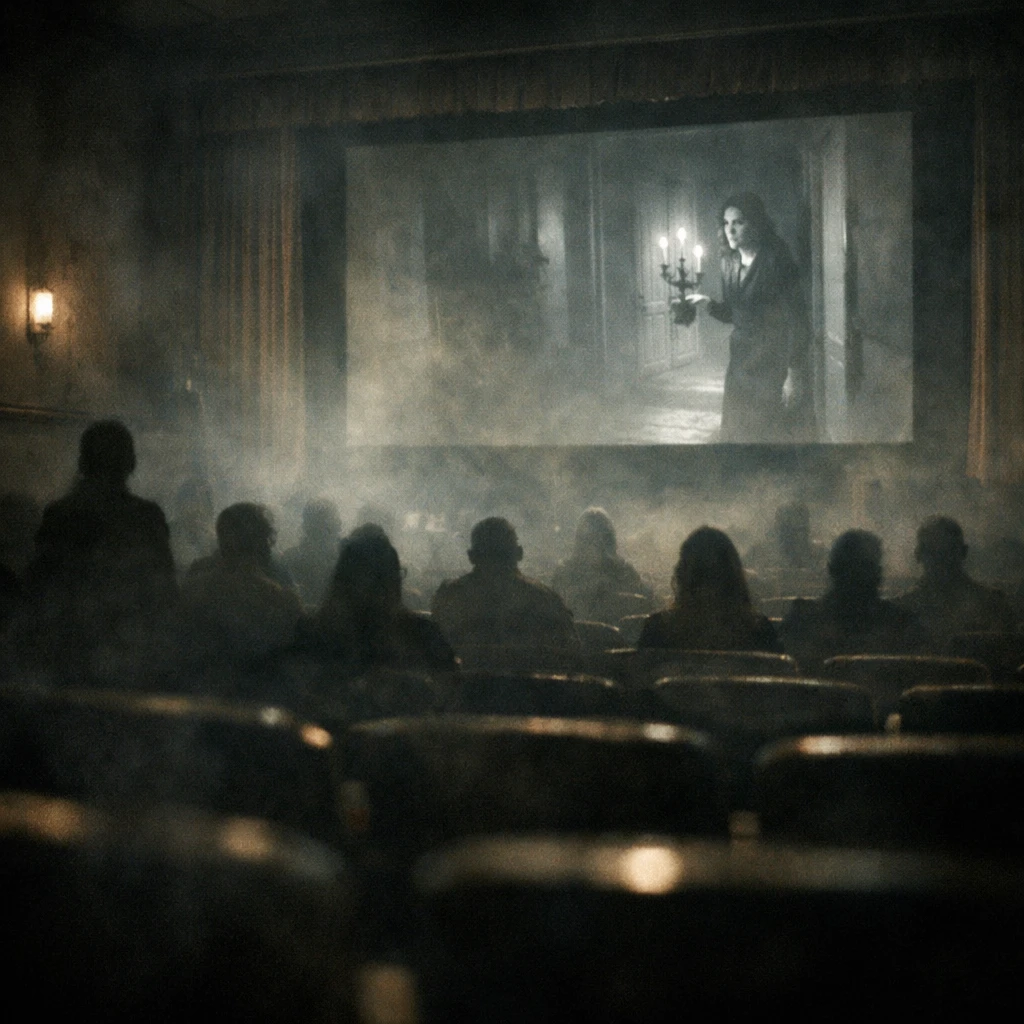 薄暗い映画館で、幽霊のような姿の観客たちがスクリーンを見つめている一瞬の写真。