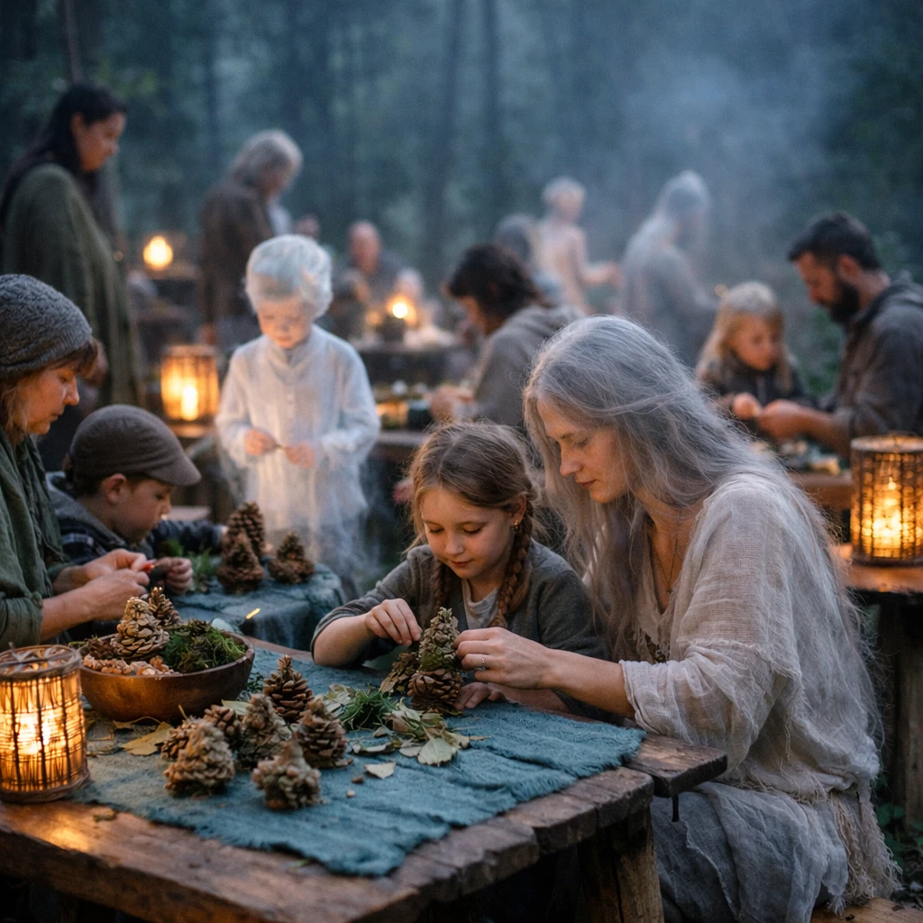 夕暮れの森の広場で、人間と精霊の姿が手作りの松ぼっくりクラフトや青緑の布を囲んでいる光景。