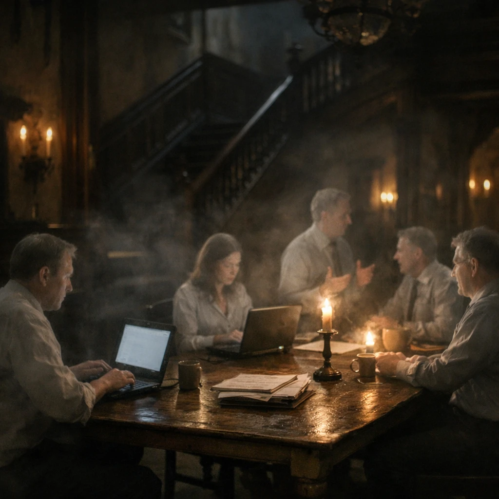 夜の古い屋敷の一室で、半透明の幽霊たちが集まって仕事をしている様子の写真。