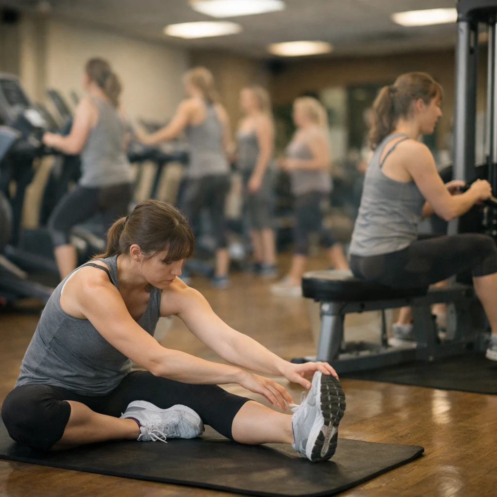 女性専用ジムで、同じ姿の幽霊女性がストレッチエリアとマシンエリアの両方に現れている様子の写真。