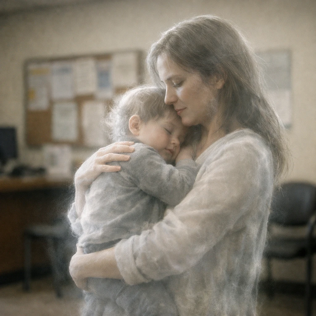 幽界の福祉事務所で、母親の幽霊が幼い子供の幽霊を優しく抱きしめる場面の写真。