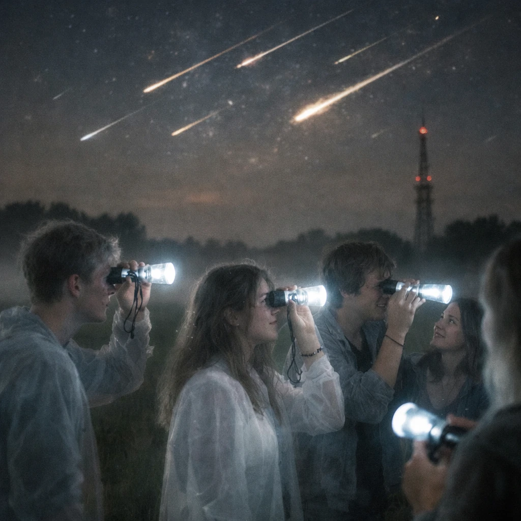 夜の霧の中、若い幽霊たちが光る特殊な望遠鏡で流星群を観測している現実的な写真。