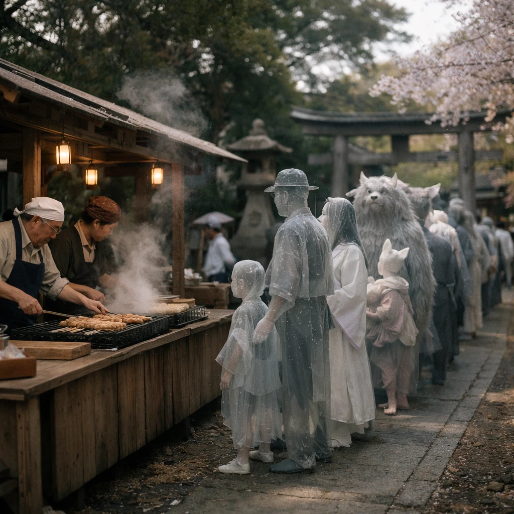 春の神社の参道で、半透明な幽霊や妖怪の親子連れが職人の屋台に並ぶ様子。
