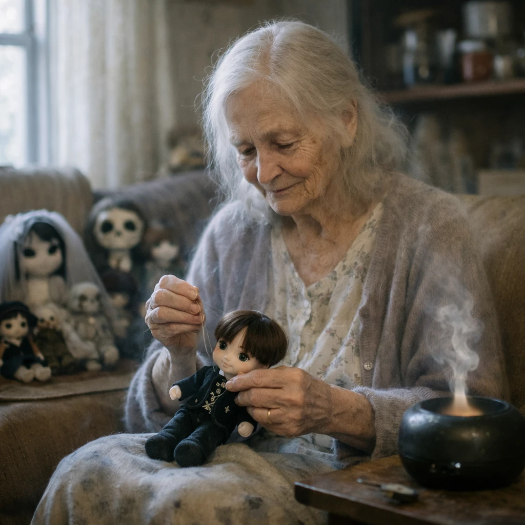 手作りの魂ドールに囲まれながら優しい表情で縫い物をする年配の幽霊女性が、淡い光の差し込む団地の一室で電子香炉とともに座っている様子。