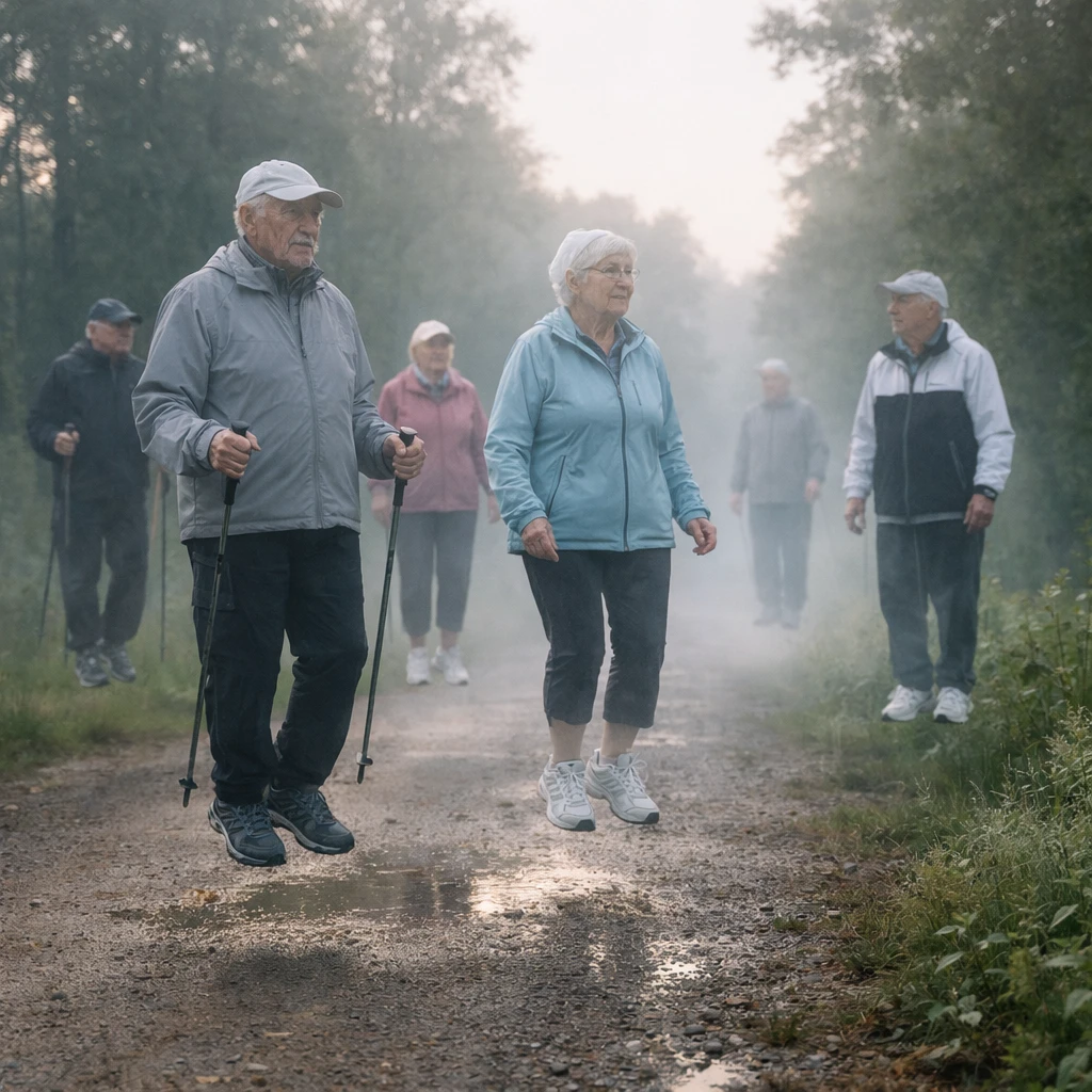 早朝の霧が立ち込める緑道を、トレーニングウェア姿の高齢の幽霊たちがふわりと浮かびながら散歩している写真。