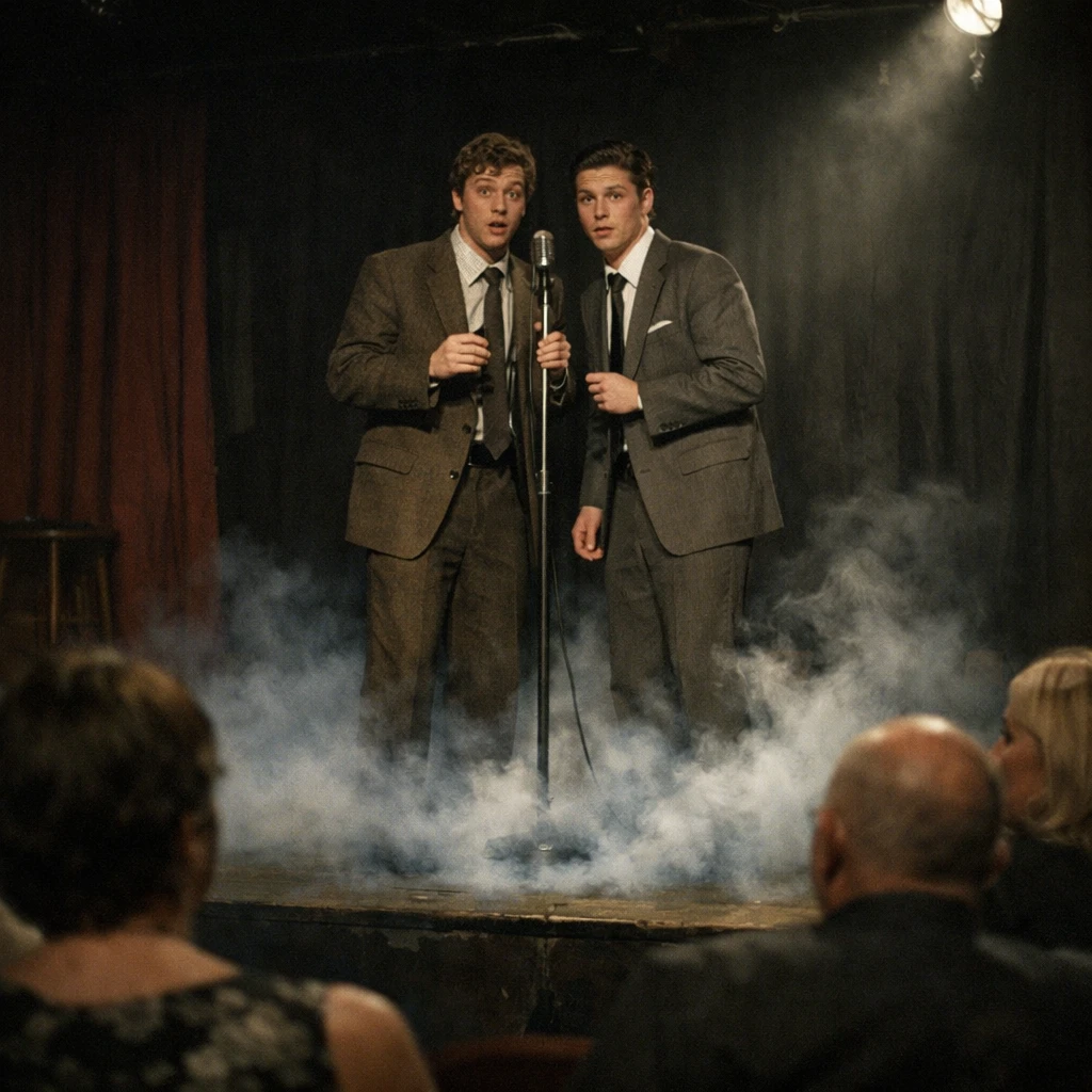 薄暗い小劇場の舞台中央で青白い霊気が立ち上る中、驚いた表情の2人の若手芸人と動揺する幽霊観客が写る写真。