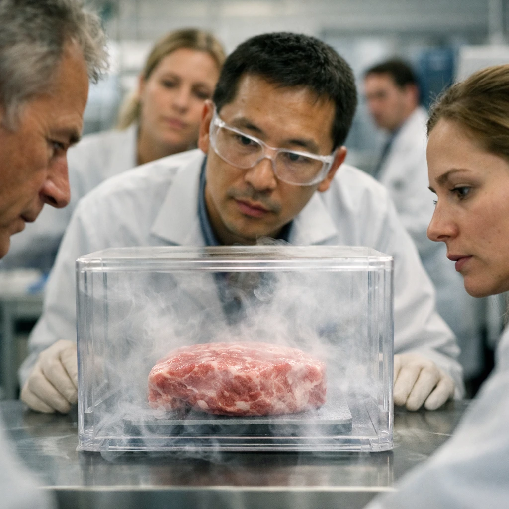 実験室で科学者たちが透明で霞がかった培養肉サンプルを観察している様子。