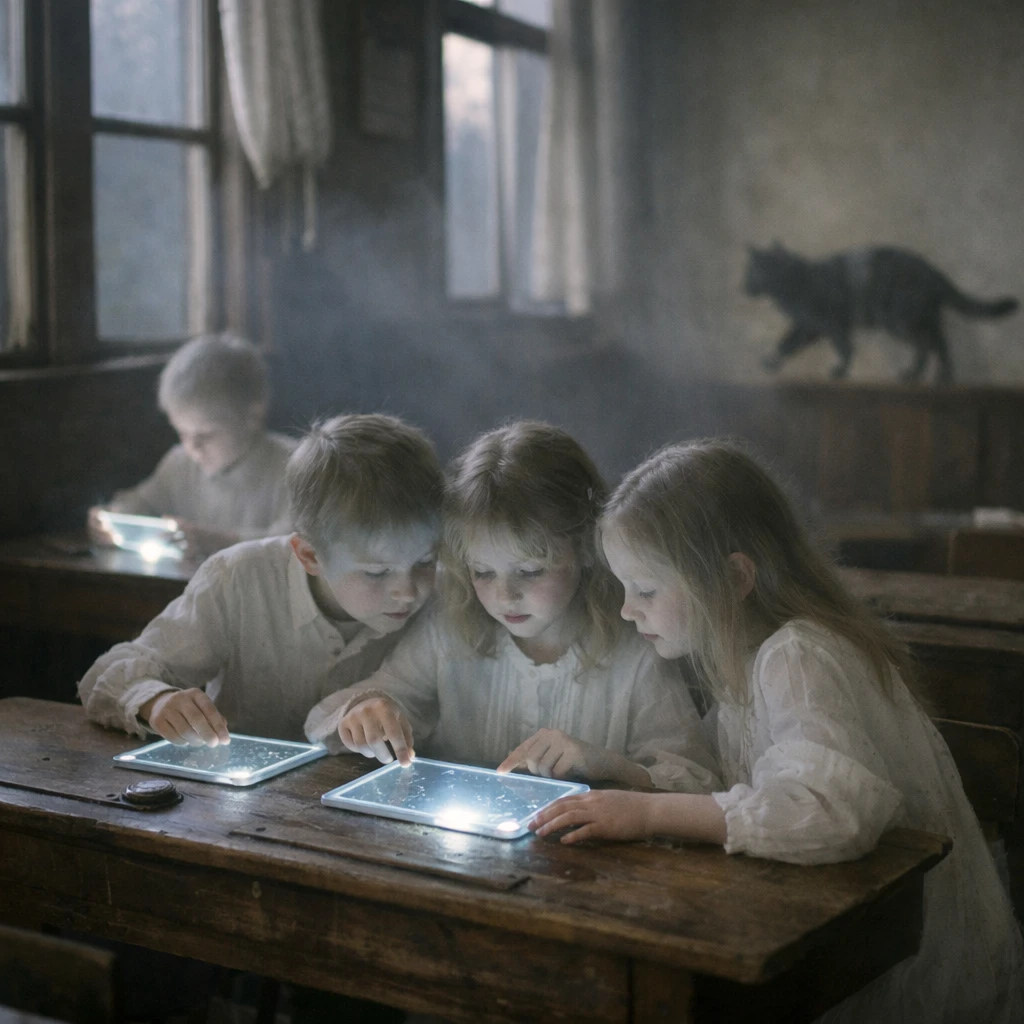 白装束の幽霊の子どもたちが古い教室で透明なタブレットを囲み、朝もやの中で自主学習している様子。