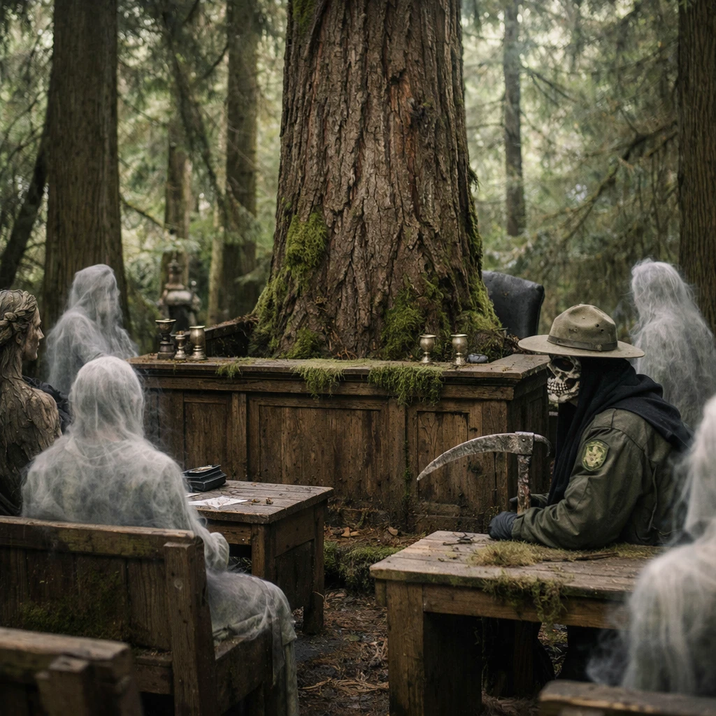 深い森の中に設けられた苔むした法廷で、松の巨木や幽霊、木霊、森番の死神が裁判に参加している様子の写真。
