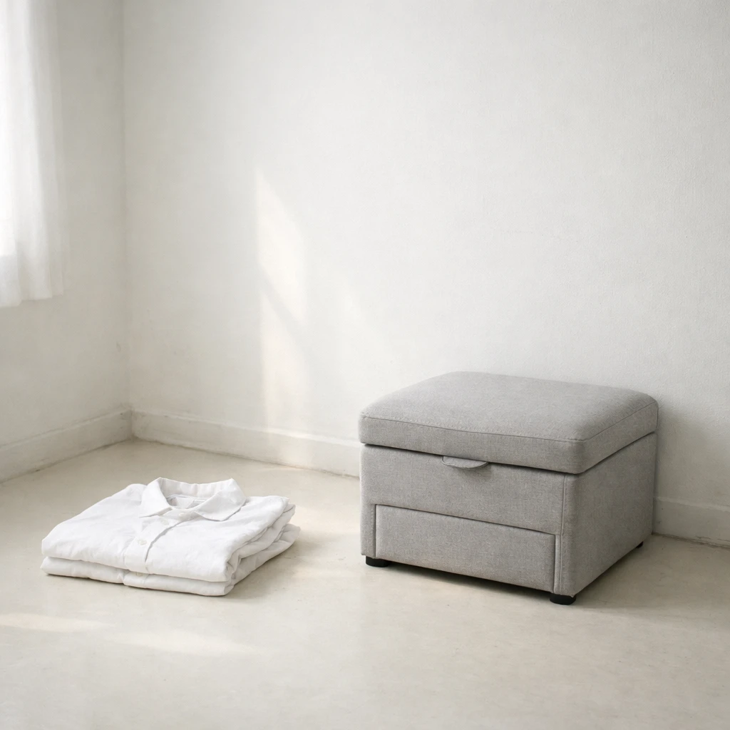 真っ白な壁に囲まれ、床に白シャツと座布団チェストだけが置かれた最小限の部屋の写真。