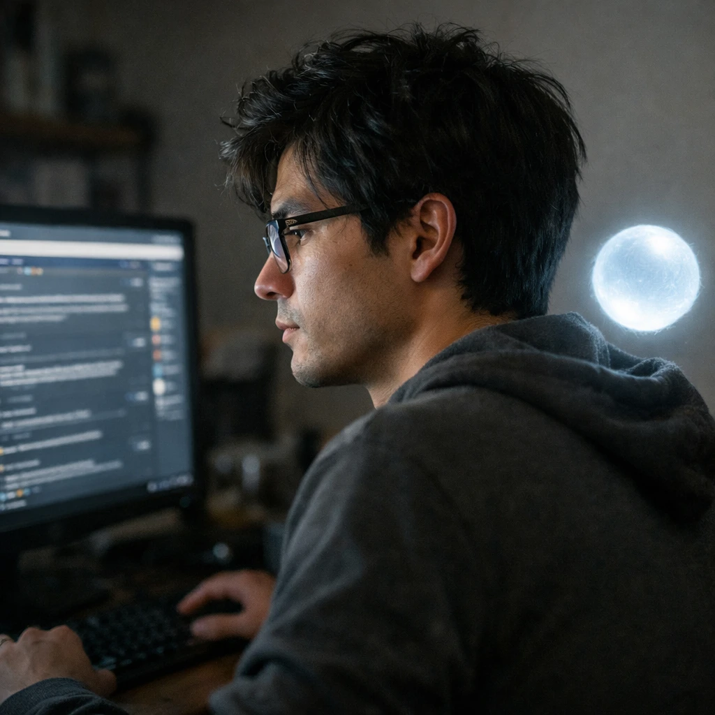 薄暗い部屋でパソコン画面を見つめる若い男性のそばに青白く発光する球体が浮かんでいる写真。