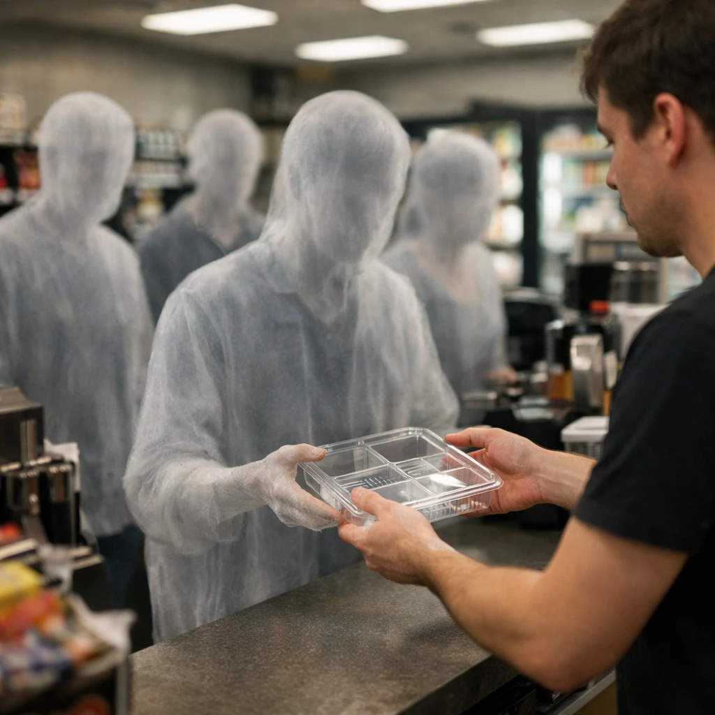 コンビニのカウンターで透明な弁当容器を受け取る幽霊のような半透明の人々の列が写る写真。